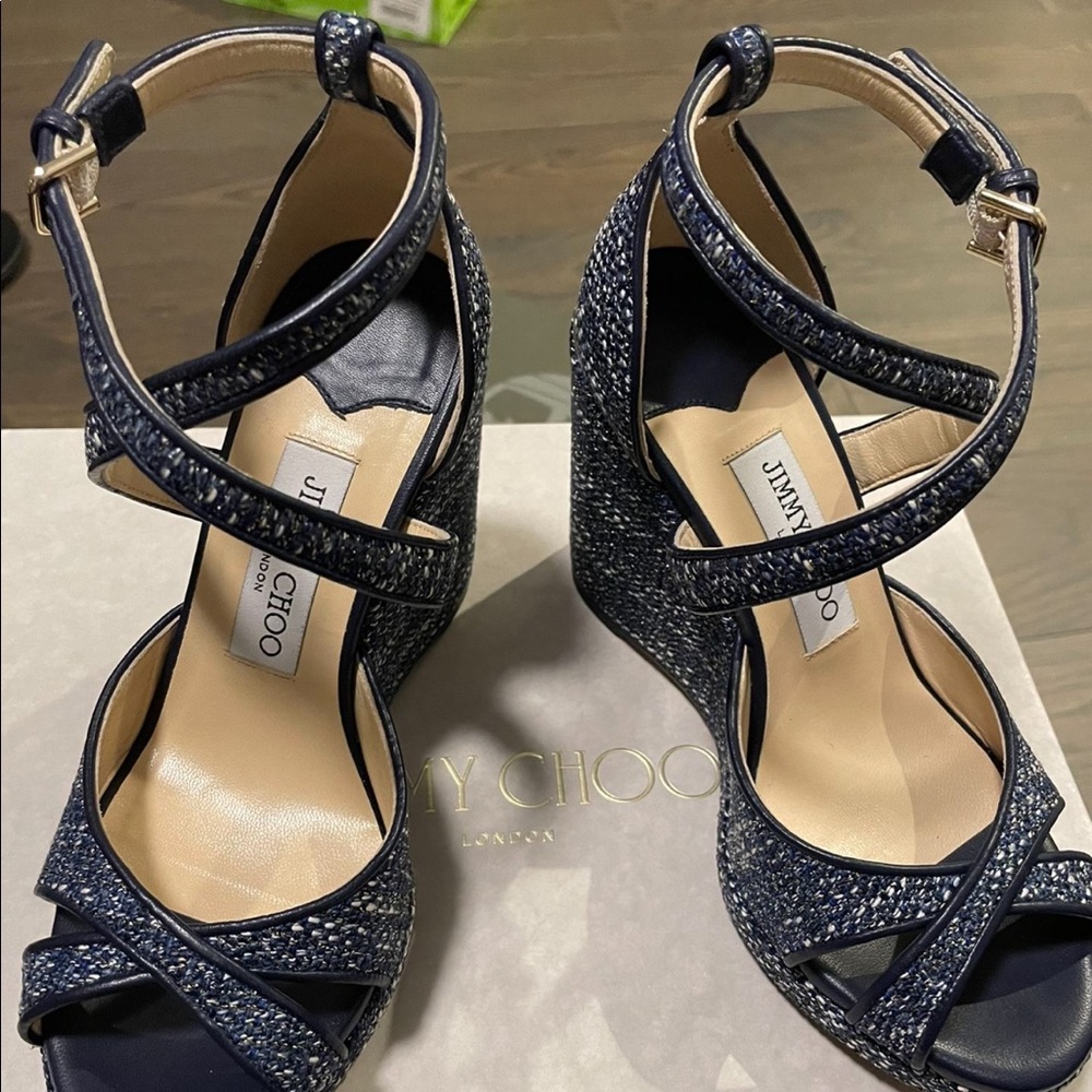 Jimmy Choo Blue Tweed Wedges - Picture 4 of 7